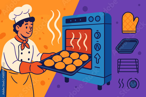 Baker's Toolset Banner. Colorful banner featuring baker pulling out hot tray and oven tools icon set for mitts, trays, racks and