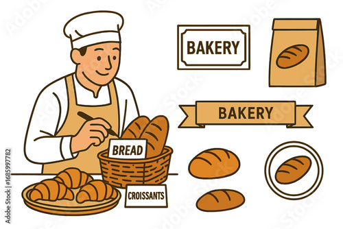 Baker's Labeling Set. Clean vector panel showing baker labeling baked goods and packaging icon set for labels, bags, ribbons and