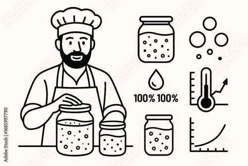 Baker's Fermentation Toolkit. Vector layout depicting baker with sourdough starters and fermentation icon set for jars, bubbles,