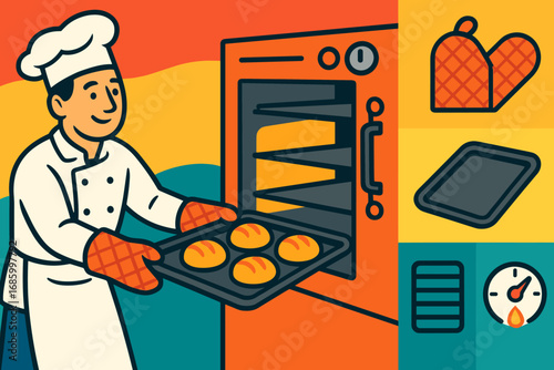 Baker's Toolset Banner. Colorful banner featuring baker pulling out hot tray and oven tools icon set for mitts, trays, racks and