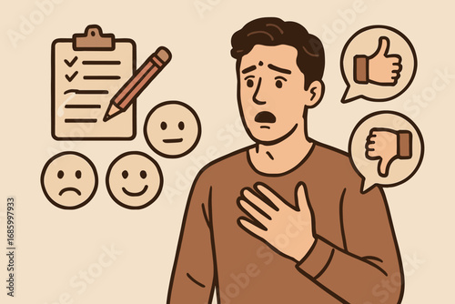 Actor's Feedback Session. Scene with actor reacting to director notes and feedback icon set for clipboard, pencil, emotion bubbles
