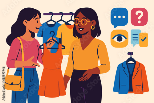 Style Advice Icons. Colorful scene of shopper asking for style advice and service icon set for chat bubble, help symbol, eye for