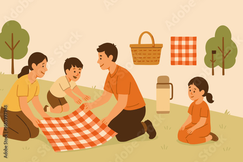 Family Picnic Scene. Horizontal vector banner showing family laying picnic blanket and outdoor picnic icon set for basket,