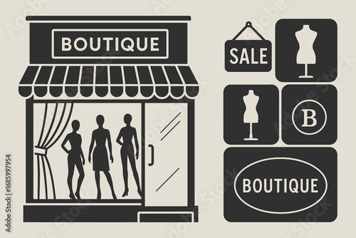 Boutique Display Icon Set. Vector banner featuring boutique window display and storefront icon set for sale sign, mannequin poses,