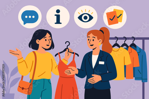 Style Advice Icons. Colorful scene of shopper asking for style advice and service icon set for chat bubble, help symbol, eye for