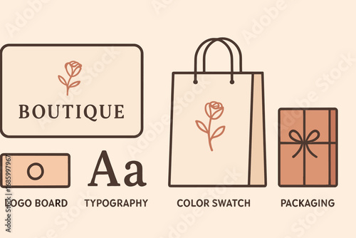 Boutique Branding Artwork. Horizontal vector artwork of boutique branding setup and identity icon set for logo board, typography,