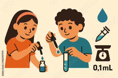 Kids with Science Tools. Stylized flat vector of kids using droppers and precise measuring icon set for drops, micro tube, scale