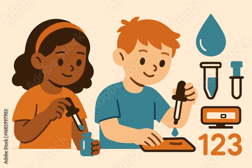 Kids with Science Tools. Stylized flat vector of kids using droppers and precise measuring icon set for drops, micro tube, scale