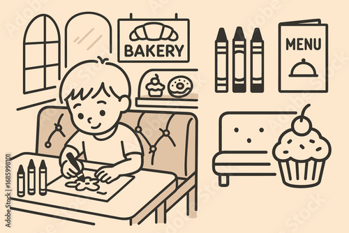 Child Coloring at Bakery. Vector strip showing child coloring at bakery table and family-friendly icon set for crayons, menu, soft