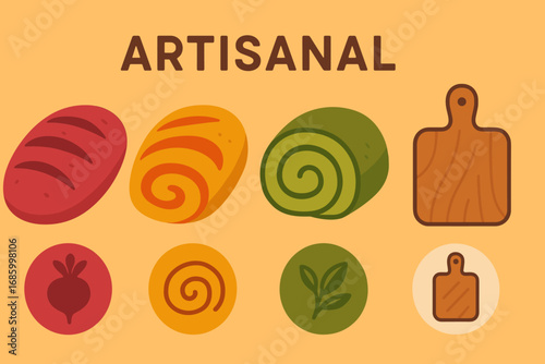 Colorful Bread Display. Flat design banner featuring colorful bread loaves and artisanal icon set for beet loaf, turmeric swirl,