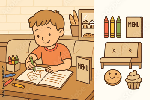 Child Coloring at Bakery. Vector strip showing child coloring at bakery table and family-friendly icon set for crayons, menu, soft