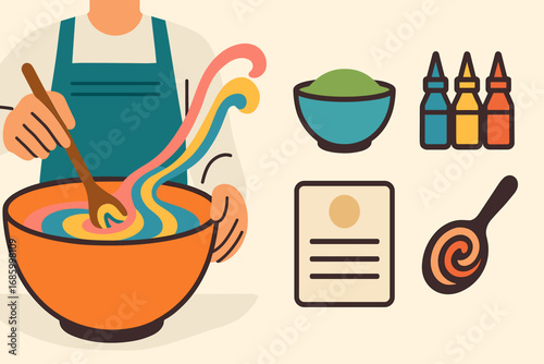 Colorful Baking Prep. Horizontal vector artwork of staff mixing colorful batter and prep icon set for bowls, food dye, recipe card