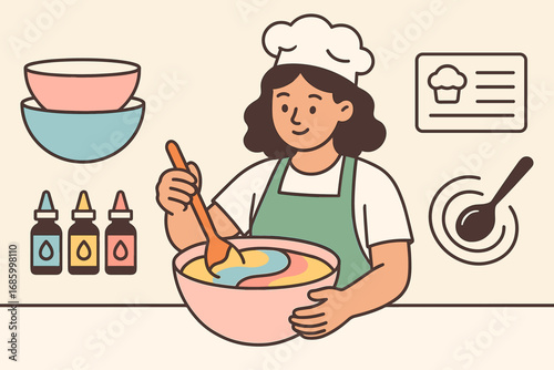 Colorful Baking Prep. Horizontal vector artwork of staff mixing colorful batter and prep icon set for bowls, food dye, recipe card