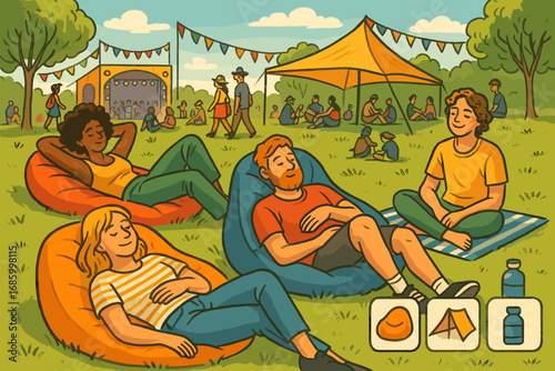 Festival Relaxation Zone. Scene illustration showing festival-goers relaxing on grass and chill zone icon set for bean bags, mats,