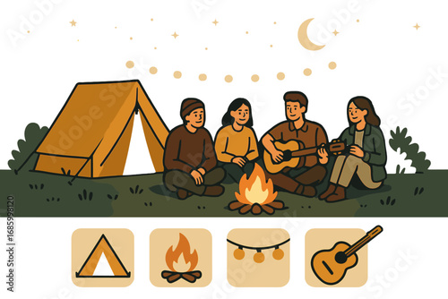 Camping Nights Essentials. Vector strip showing group sitting in camping zone and overnight stay icon set for tent, campfire, glow