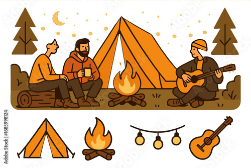 Camping Nights Essentials. Vector strip showing group sitting in camping zone and overnight stay icon set for tent, campfire, glow