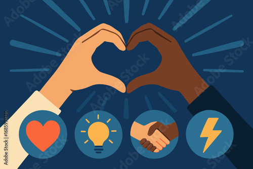 Heart Hands Unity. Modern banner depicting hands forming heart in air and emotion icon set for love icon, light beam, unity and