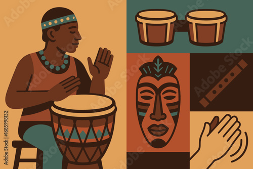Tribal Music Icons. Modern vector panel showing percussionist on tribal drum and cultural music icon set for bongo, mask, flute