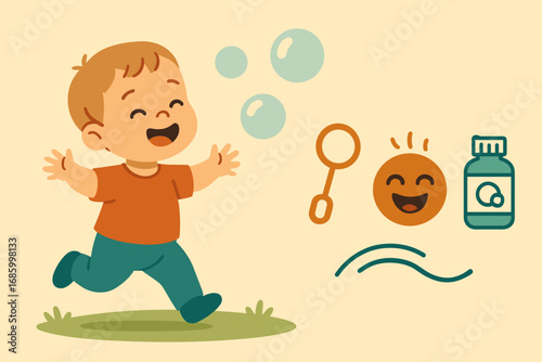 Toddler Chasing Bubbles. Vector banner featuring toddler chasing bubbles and playtime icon set for bubble wand, giggle face,