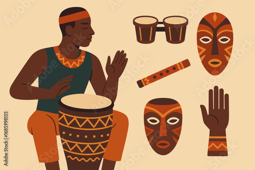Tribal Music Icons. Modern vector panel showing percussionist on tribal drum and cultural music icon set for bongo, mask, flute