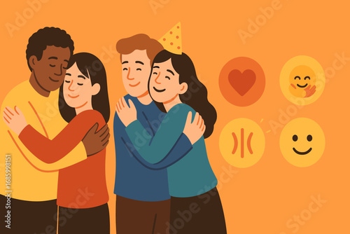 Birthday Hugs Celebration. Flat design banner featuring guests giving birthday hugs and connection icon set for heart, emoji hug,