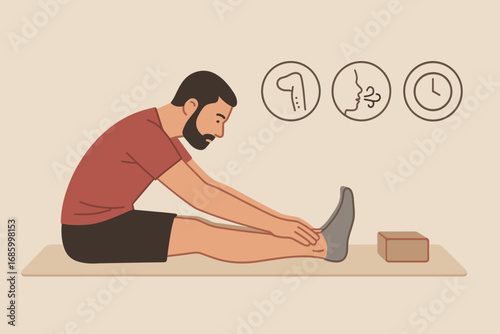 Yoga Flexibility Enhancement. Horizontal composition showing man doing seated forward fold and flexibility icon set for hamstring