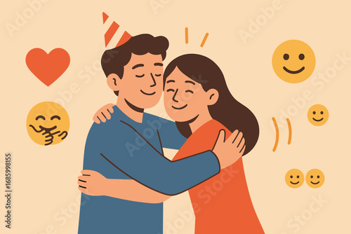 Birthday Hugs Celebration. Flat design banner featuring guests giving birthday hugs and connection icon set for heart, emoji hug,