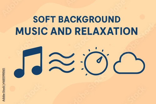 Relaxing Music Icons. Flat vector banner with soft background music and relaxation icon set for music note, wave pattern, volume