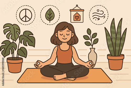 Yoga Serenity Scene. Cartoon-style horizontal panel showing indoor yoga with plants and serenity icon set for peace leaf, decor,