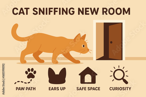 Cat's New Adventure. Flat vector banner with cat sniffing new room and exploration icon set for paw path, ears up, safe space and