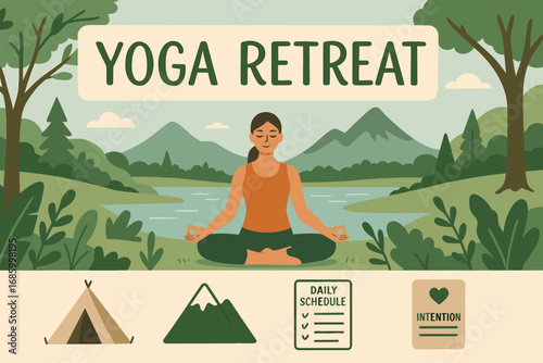 Yoga Retreat Banner. Creative banner featuring yoga retreat in nature and getaway icon set for tent, mountain, daily schedule and