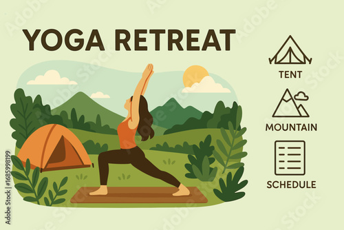Yoga Retreat Banner. Creative banner featuring yoga retreat in nature and getaway icon set for tent, mountain, daily schedule and