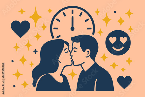 Midnight Kiss Celebration. Creative vector layout with couple kissing at midnight and romantic New Year icon set for hearts,