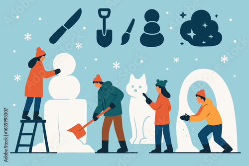 Snow Sculpture Creation. Flat vector banner with group making snow sculptures and art icon set for tools, shape icons, detail
