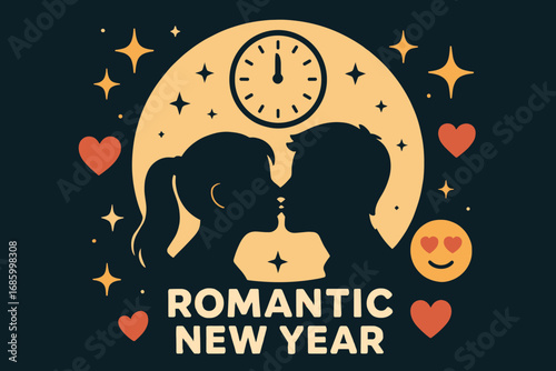 Midnight Kiss Celebration. Creative vector layout with couple kissing at midnight and romantic New Year icon set for hearts,