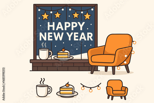 New Year Cafe Decor. Clean vector illustration of cafe window decorated for New Year and comfort zone icon set for latte cup, cake