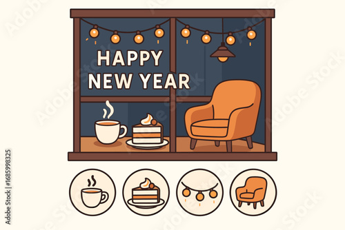 New Year Cafe Decor. Clean vector illustration of cafe window decorated for New Year and comfort zone icon set for latte cup, cake