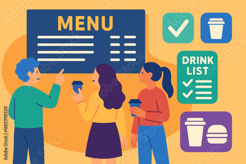 Vibrant Drink Selection. Colorful scene of people choosing drinks at menu board and options icon set for checkmarks, cup icons,