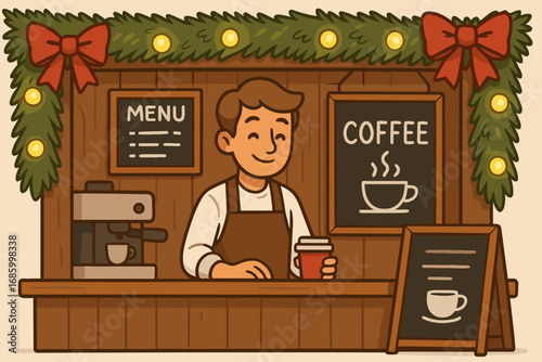 Barista Booth Festive Decor. Cartoon-style horizontal panel showing barista booth wrapped in garlands and decoration icon set for