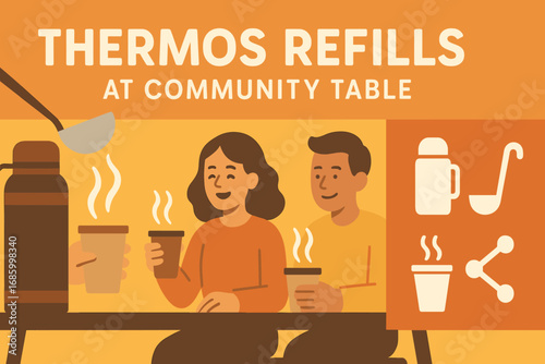 Thermos Refills Station. Flat design banner featuring thermos refills at community table and sharing icon set for thermos icon,