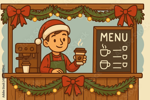 Barista Booth Festive Decor. Cartoon-style horizontal panel showing barista booth wrapped in garlands and decoration icon set for