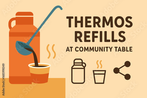 Thermos Refills Station. Flat design banner featuring thermos refills at community table and sharing icon set for thermos icon,