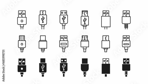 Set of USB connector line and glyph icon vector illustration