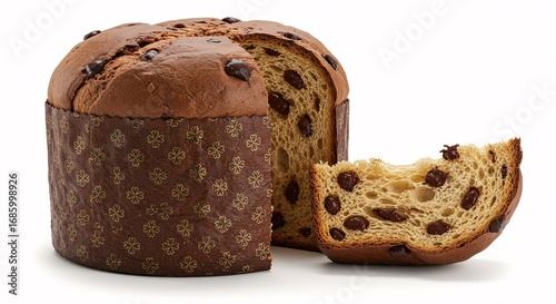 Whole chocotone with a slice on the side for Christmas on a white background