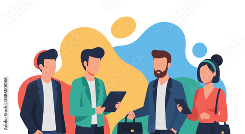 Diverse business professionals collaborating, discussing strategy, and leveraging digital tools in a dynamic, modern work environment.