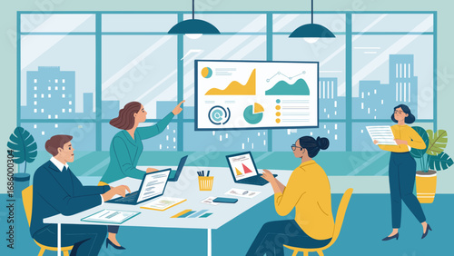 Diverse business team collaborating in a modern office, analyzing data on screens and documents. Perfect for illustrating teamwork, financial analysis, and corporate strategy.