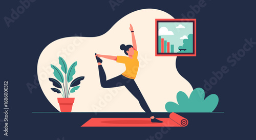 A woman practices yoga at home, finding balance and peace through a dancer's pose. Ideal for health, wellness, and mindful lifestyle content.