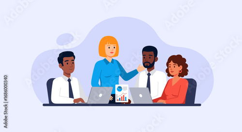 Diverse business professionals collaborate in a meeting, analyzing data on laptops and discussing strategy. Symbolizes teamwork, corporate success, and innovation.