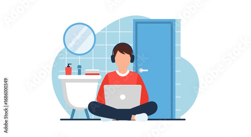 Person working remotely on a laptop in a bathroom, wearing headphones. Illustrates flexible work-life balance, focus, and unconventional workspace.