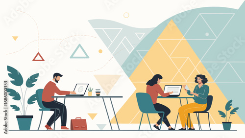 Modern illustration of remote professionals collaborating digitally. Ideal for themes of business, technology, communication, and flexible work environments.